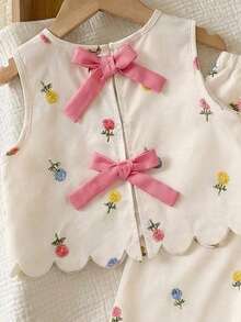 2pcs/Set Casual Digital Print Bow Decor Cute Outfit - Apricot - View 2