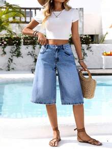 EMERY ROSE Plus Size Women Casual Everyday Commute Versatile Washed Bermuda Denim Shorts - Light Wash - View 4