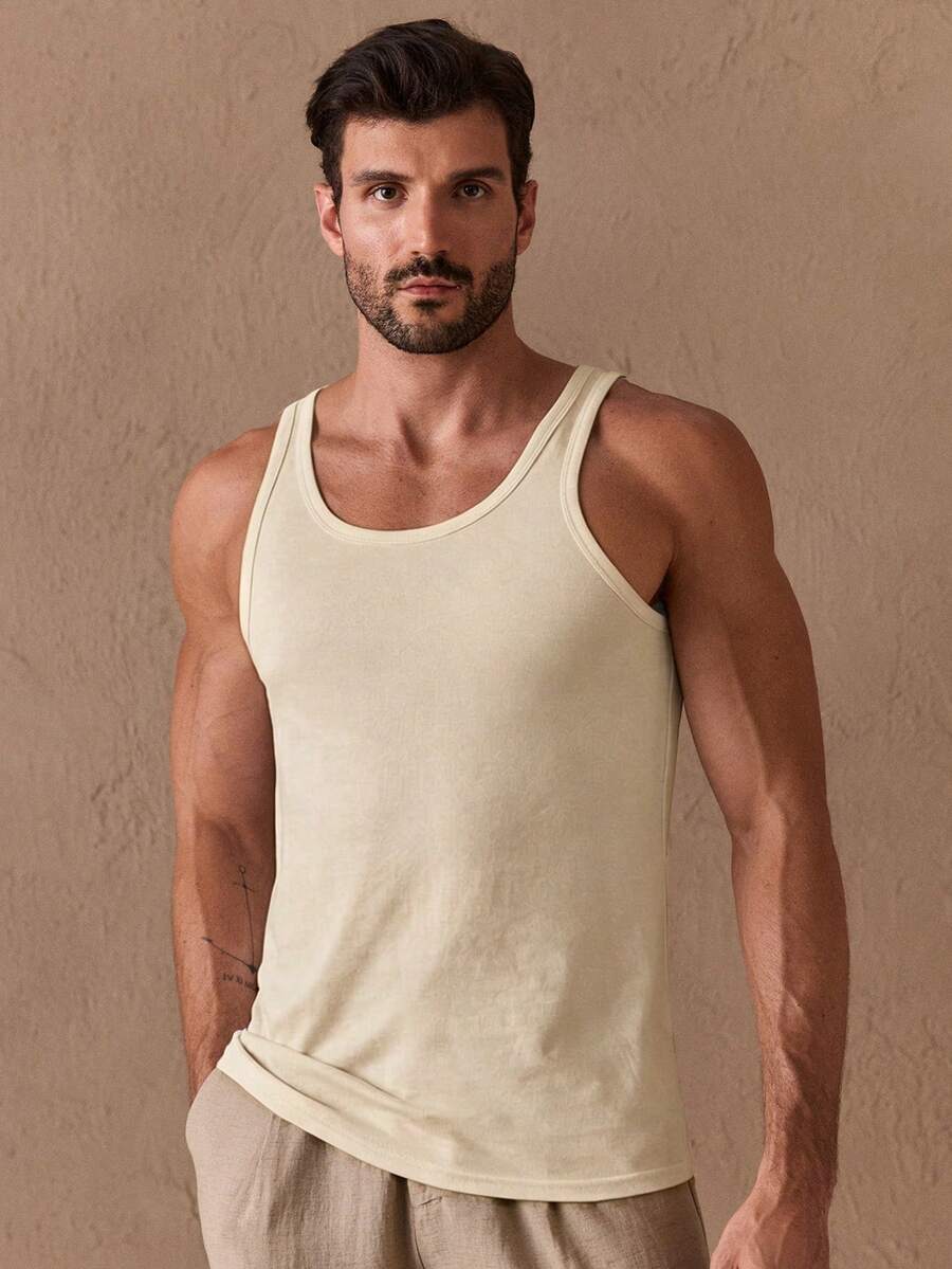 HIMLAND Men's Casual Everyday Commute Minimalist Solid Color Tank Top, Summer - Khaki - View 1