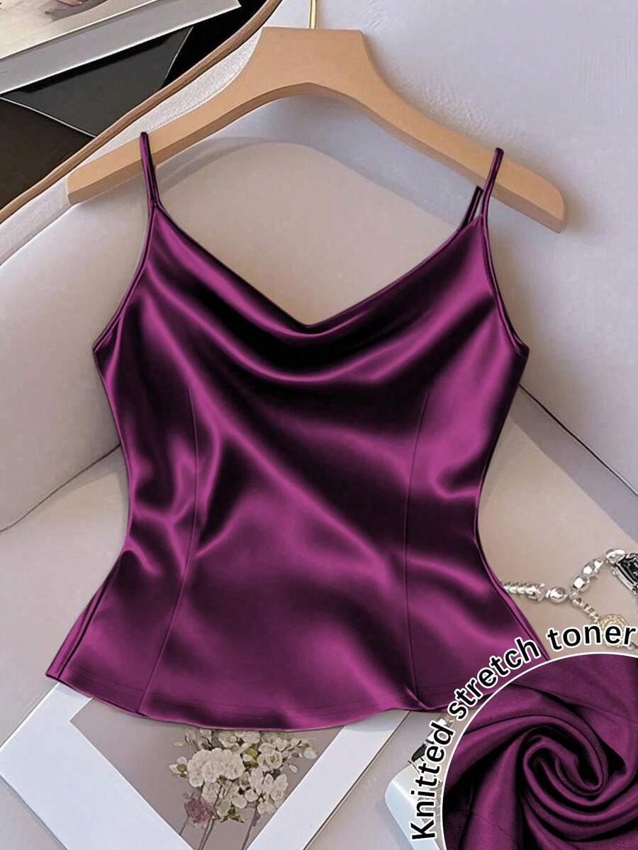 Women's Shiny Woven Fabric Sleeveless Gathered Waist Fitted Casual Camisole, Suitable For Spring, Autumn And Winter - Purple - View 1