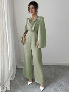 Elenzga Women's Elegant Draped Neck Waist Cinched Satin Jumpsuit - Green - View 7