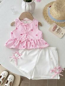 LMoss Kids Bộ 2 món áo ba lỗ và quần short kẻ caro dệt cho bé gái, kiểu dáng thường ngày. - Hồng - Xem 6