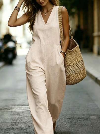 SHEIN PETITE Women's Summer Sleeveless V-Neck Linen Jumpsuit, Loose Wide Leg Casual Romper, French Casual Vacation Jumpsuit