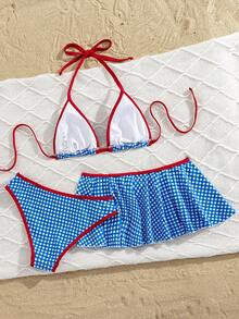 Swim Mod Set Bikini Halter Motif Garis-garis Biru dan Putih, Rok Berumbai, Pakaian Renang 3 Potong untuk Pesta Pantai, Kolam Renang, Hari Kemerdekaan, dan Musim Panas. - Blue and White - View 4