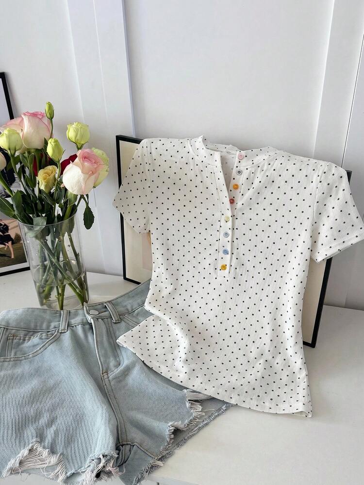 White With Black Polka Dots,Summer,Casual,Cute,Everyday Fitted Short Sleeve T-Shirt For Women,Colorful Button Decor Street Style Music Festival Tee