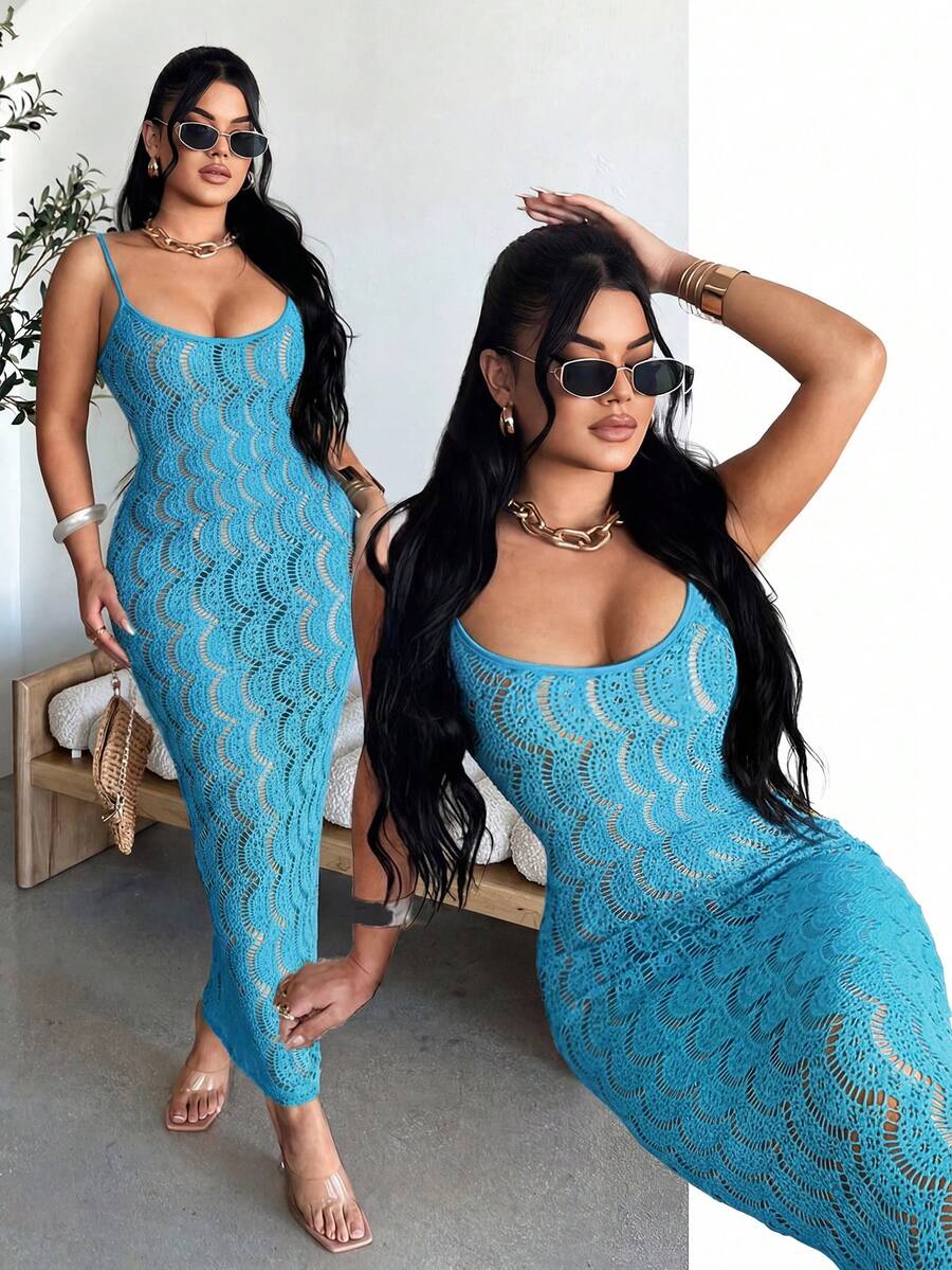 SHEIN SXY 女士镂空修身性感吊带连衣裙,蓝色 - 藍色 - 查看 1