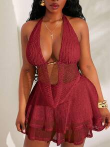 SHEIN SXY Plus Size Draped Neck Backless Top And Skirt 2 Pieces Set, Red Beach Vacation Summer Sexy - Burgundy - View 6