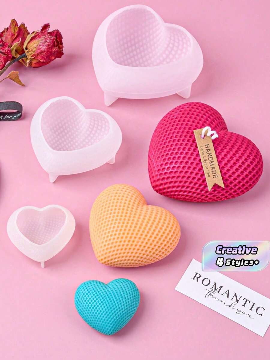 1pc/3pcs 3D Grid Heart Shaped Silicone Candle Mold,DIY Handmade Love Aromatherapy Candle Mold,Valentine's Day Romance Gift,Home Decor - heart - View 1