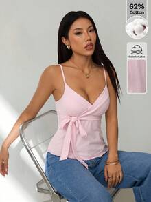 SHEIN PETITE 女士秋冬新品 - 甜美休闲粉色清新少女风侧系带荷叶边吊带背心 - 粉色 - 查看 7