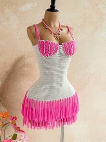 Soleia Vestido mini ajustado con tirantes de espagueti, bajo con flecos y con forma de concha, bohemio, apropiado para vacaciones y citas de San Valentín en primavera/verano - Multicolor - Ver 4