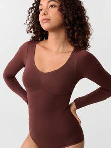 Loungeista 1pc Women's Seamless Crew Neck Long Sleeve Shapewear, Full Coverage Comfortable Bodysuitfor Summer - Brown - View 7