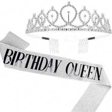 Set de 2 piezas Faja de Reina de Oro Rosa y Dorado y Plateado & Tiara con Rhinestones - Conjunto de Faja Brillante y Tiara Brillante para Niñas de Cumpleaños - Multicolor - Ver 7