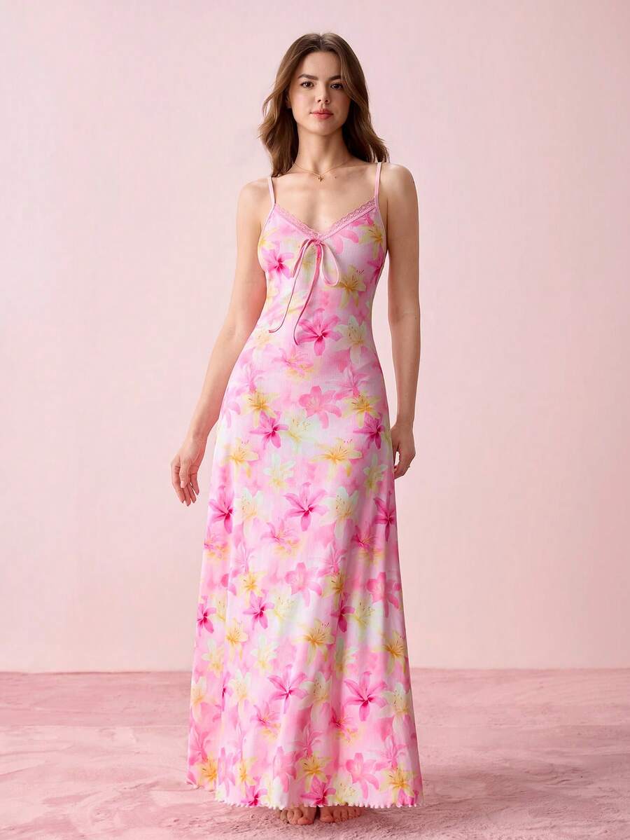 Bonmuse Vestito slip estivo da donna nuovo con stampa floreale ditsy pastello, design con schiena aperta e trafori in pizzo, colletto con fiocco, camicia da notte maxi in jacquard per uso esterno in estate - Rosa - Visualizzare 1