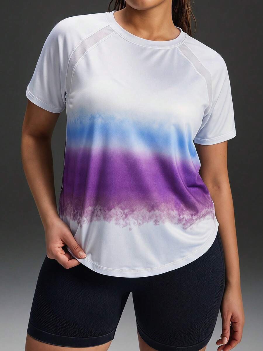 Powerista Women Plus Size Casual Printed Short Sleeve Sport T-Shirt Gradient Print T-Shirt, Suitable For Running, Hiking, Yoga, And Daily Workouts, Casual Top - Grey - View 1