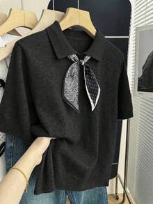SHEIN Franclia 新款春夏休闲简约圆领无袖上衣，采用佩斯利印花、波点拼接，展现法式优雅风格，短款廓形，比例优化，可搭配连衣裙或裤装，宽松版型，罗纹饰边撞色领口系带设计针织衫 - 黑色 - 查看 8
