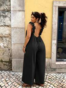 Elaquor Plus Size Women's Casual Sexy Fashion Vacation Wide Leg Jumpsuit - Black - View 2