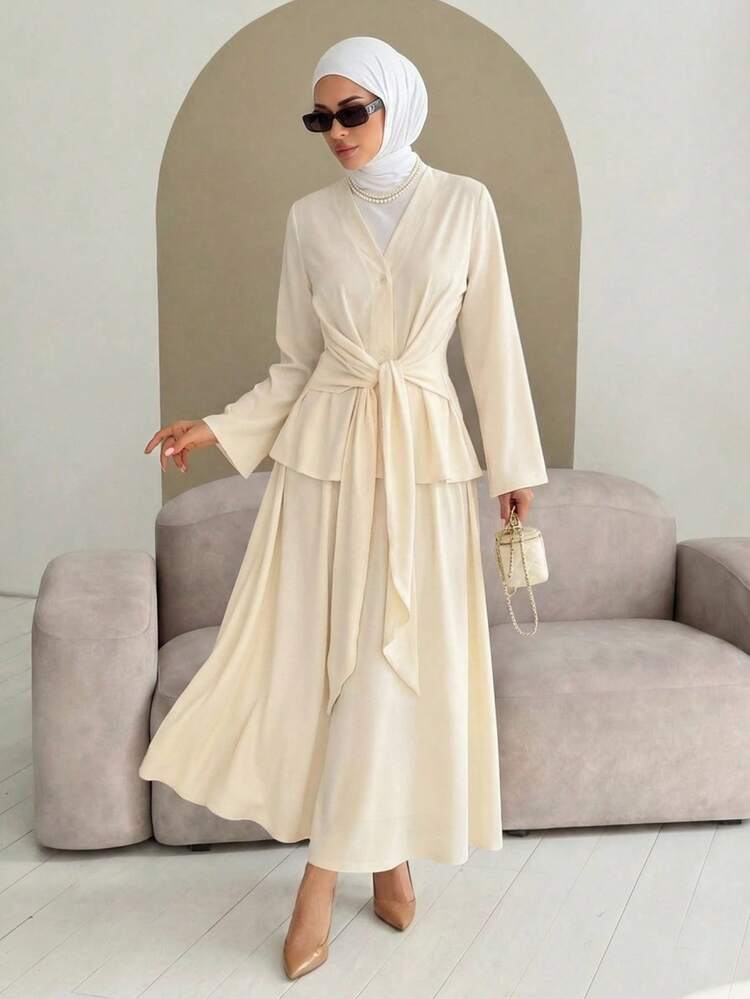 Women's Solid Color Knotted Waist Long Sleeve Shirt And Midi Skirt Elegant 2-Piece Set Lounge Sets For Women