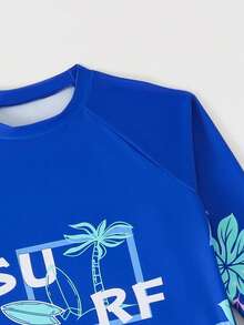 SHEIN 青少年男童休闲度假蓝色棕榈树印花长袖针织面料吊带泳衣套装，搭配沙滩短裤，时尚优雅，适合游泳和夏季海滩穿着。 - 藍色 - 查看 6