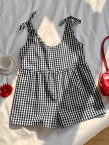 SHEIN EZwear 黑白格子休闲度假露背连体裤 - 黑與白 - 查看 6