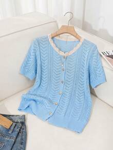SHEIN Franclia Áo khoác cardigan dáng rộng thoải mái, cổ tròn, tay ngắn, khoét lỗ, phối viền tương phản, màu xanh nhạt, thích hợp cho mùa xuân/hè. - Màu xanh nhạt - Xem 5