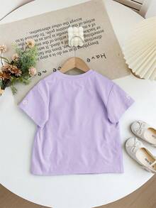 SHEIN LMoss Kids Young Girl Embroidered Loose Fit Crew Neck Casual T-Shirt - Mauve Purple - View 2