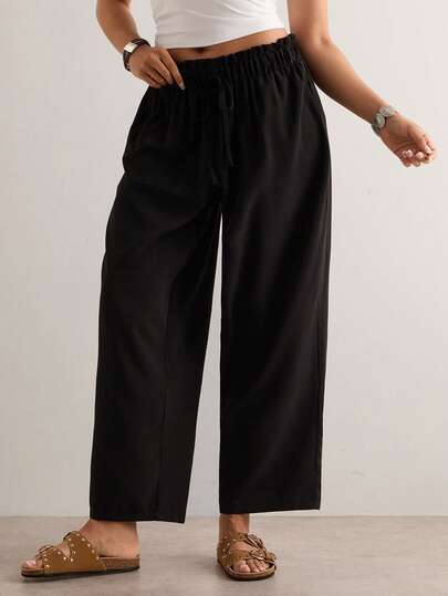 Freevana Plus Size Women's Solid Color Waist Tie Casual Pants