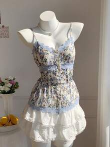 Comfortcana 女士夏季沙滩度假碎花撞色蕾丝吊带背心 - 彩色 - 查看 6