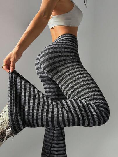 SHEIN Core Rhythm 1pc Seamless Women Sports Leggings, Striped, Flared Leg Slimming, Soft & Fitted, Suitable For Running, Fitness, Workout, Yoga