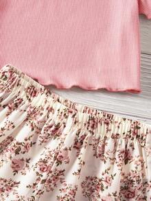 SHEIN 2件套女童纯色圆领短袖T恤搭配碎花短裤套装，适合青少年女孩夏季穿着，春季女童夏季服装，碎花短裤套装，可爱夏季服装，粉色罗纹上衣搭配碎花短裤两件套，休闲夏季服装，荷叶边短袖露脐上衣搭配碎花松紧腰短裤套装 - 白色 - 查看 8