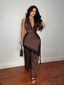 SHEIN SXY Sexy Lace Patchwork Plunging Neck Backless Halter Top And Pants Set - Brown - View 4