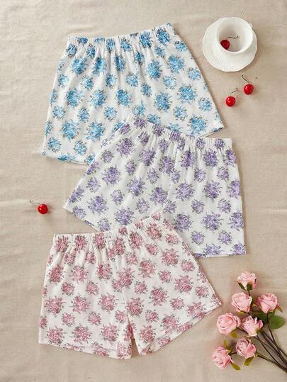 SHEIN 3 PCS Multipack Cottonline Floral Patterned Elastic Waist Comfort Blue+Green +Pink Shorts Casual Sleep Bottom Set