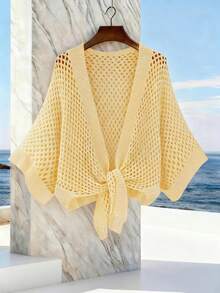 GlowEve Áo khoác cardigan nữ dáng rộng, thời trang, đa năng, gợi cảm, cổ chữ V khoét rỗng, thắt nơ phía trước. - Vàng nhạt - Xem 1