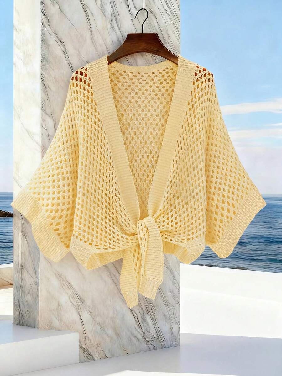 GlowEve Áo khoác cardigan nữ dáng rộng, thời trang, đa năng, gợi cảm, cổ chữ V khoét rỗng, thắt nơ phía trước. - Vàng nhạt - Xem 1