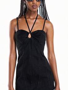Airlisse Black Y2K Punk Autumn Cowgirl Slip Mini Dress, Halter Cross Cutout Eyelet Trim Bodycon Mesh Overlay Party Gown Night Out Black Autumn - Black - View 3
