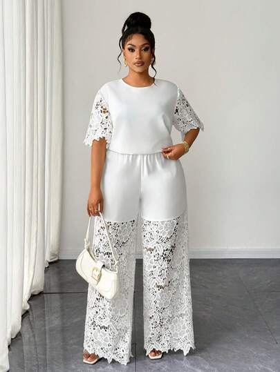 Maweii Plus Size Women's Summer Solid White Lace Patchwork Round Neck Loose Top And Elastic Waist Wide Leg Pants 2 Pieces Set Zoey Outfit Zanzea Pants And Blouse Bride Nurse Yrack Suits For Ladies Lace Detailing Latest Outfit For Women Elegant Women's Fashion