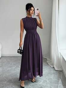 Elenzga Women's Dark Purple Summer Elegant Wedding Chiffon Maxi Dress,French Stand Collar Criss-Cross Tie Waist A-Line Sleeveless Lined Party Dress - Bold Plum - View 3
