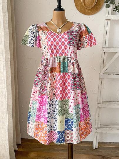 Rusticease Vestido de mujer talla grande con cuello redondo, mangas cortas con volantes y estampado floral diminuto