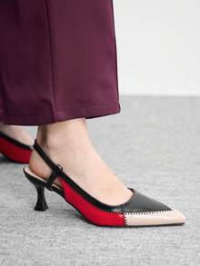 CUCCOO BIZCHIC 女鞋 时尚尖头多色拼接撞色猫跟中跟后跟带女式高跟鞋 日常百搭通勤工作女鞋 - 黑紅白 - 查看 5