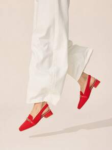 CUCCOO BASICS Women's Shoes Fashionable Red Metal Chain Decoration Back Strap Square Toe Low Heel Shoes Suitable For Commuting Dating Vacation Party Party And Other Occasions To Wear - Red 1 - View 3