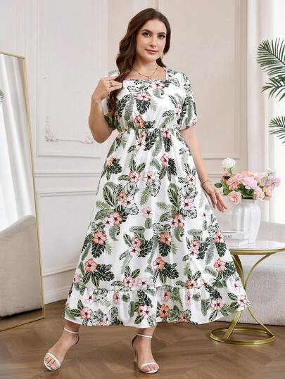 Reflora Vestido casual de fiesta con estampado floral y drapeado para mujer de talla grande