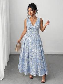 Elenzga Vestido de línea A con cintura ceñida, cuello en V y sin mangas con estampado floral elegante para mujer de talla grande, primavera temprana - Azul - Ver 4
