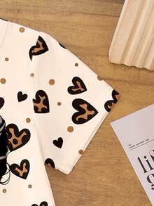 Young Girls Summer Casual Fashion Leopard Print Heart Cartoon Girl Pattern T-Shirt And Bike Shorts Set,Refreshing Cute Basic Daily Wear Cozy Outfits - Multicolor - View 6