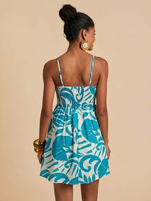 Travachic Vestido corto de mujer con tirantes finos y estampado tejido - Azul - Ver 2