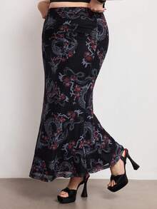 ROMWE Avant Summer Outfits Oriental Aesthetic New Chinese Style Dragon Pattern Print Mesh Bodycon Mermaid Skirt, Plus Size - Black - View 4