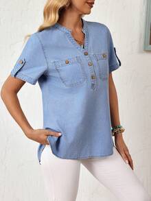 Áo sơ mi denim cổ chữ V dáng casual cho kỳ nghỉ - Màu xanh lam - Xem 4