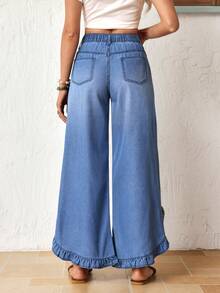 Breezaya Quần jean denim nữ dáng rộng, thời trang mùa hè, đa năng, thoải mái với gấu quần xếp ly. - Màu xanh lam - Xem 2