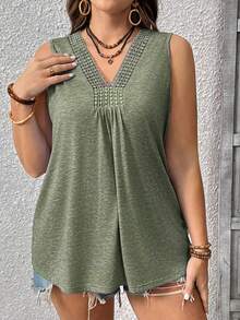 EMERY ROSE Áo tank top dệt kim không tay cổ chữ V phối ren, màu trơn, dáng rộng dành cho nữ, cỡ lớn. - màu xanh lá - Xem 4