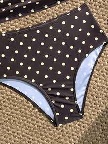 SHEIN Tankini de lunares para niña preadolescente, retro y lindo, ajuste ceñido, traje de baño esencial para verano y vacaciones, traje de baño clásico de lunares negros y blancos para niños, diseño de tirantes finos + cintura fruncida, dulce y femenino, perfecto para fotos en la piscina, adecuado para vacaciones, fiesta en la piscina, natación en la playa y fotografía - Café integral - Ver 3