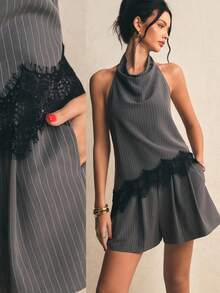 Poéselle Bộ đồ 2 mảnh thanh lịch dành cho nữ, gồm áo hai dây hở lưng và quần short, phối ren và sọc, thích hợp cho mùa hè. - Xám - Xem 2