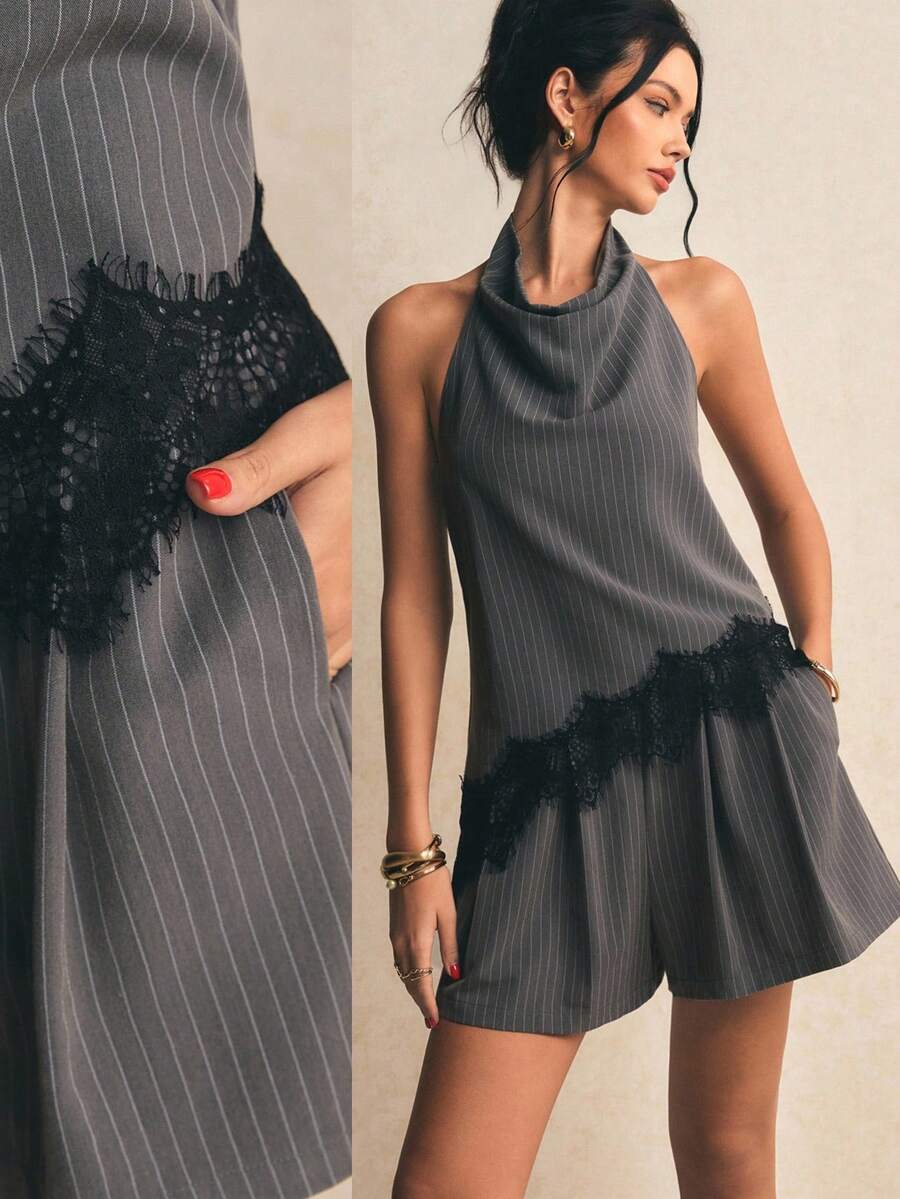 Poéselle Bộ đồ 2 mảnh thanh lịch dành cho nữ, gồm áo hai dây hở lưng và quần short, phối ren và sọc, thích hợp cho mùa hè.